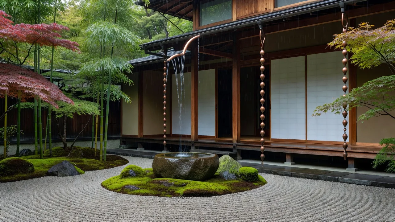 邸宅の鎖樋と庭園